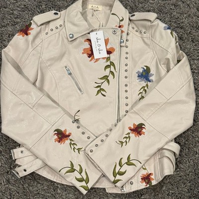 She and Sho Clothing Floral Embroidered and Studded Faux Leather Moto Jacket