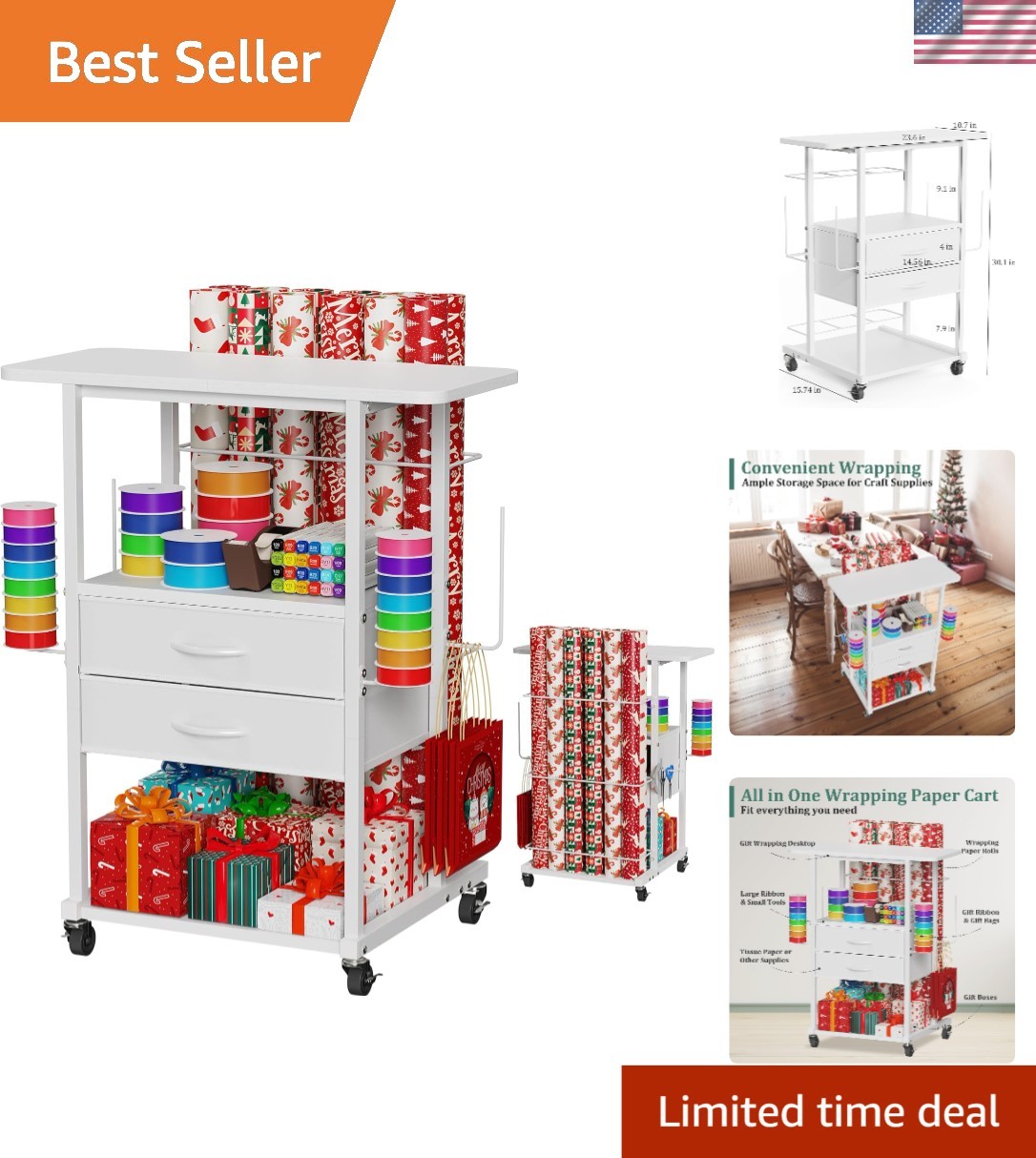 Storage Cart Organizer With 12 Rolls Mesh Ribbons Hooks