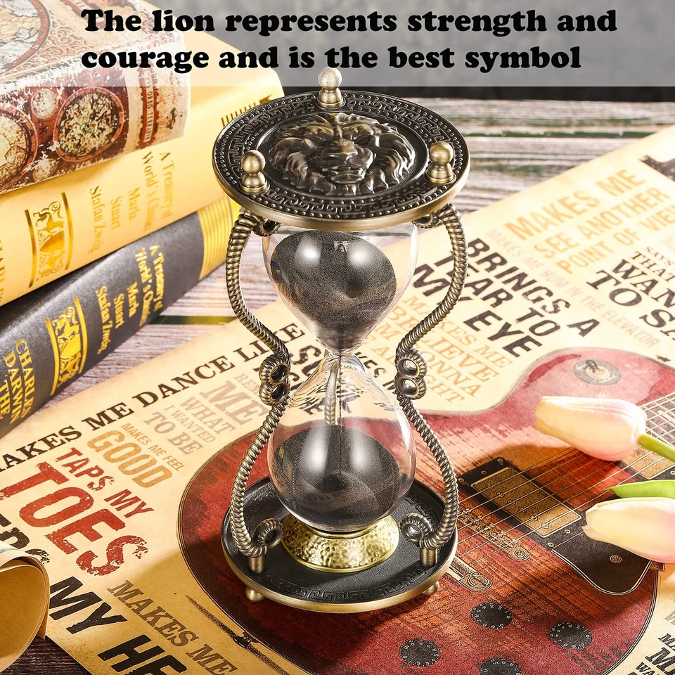 Reloj de arena temporizador 60 minutos: reloj de arena grande de metal tallado en león, blanco vintage... Foto 3 de 4