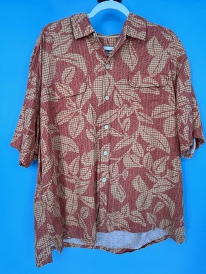 Tommy Bahama Silk True Grid Short Sleeve Shirt Orange Leaf Print XLARGE