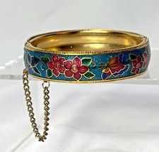 Vtg Cloisonne Hinged Bangle Bracelet Enamel Floral  Butterfly Design Size 6.5