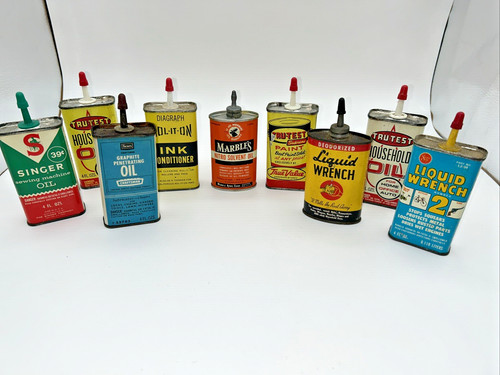 Lot Of 9 Handy Oiler Cans Marble’s Liquid Wrench Tru-test Sears Lead Top