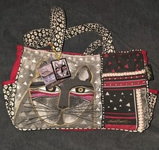 NWT Laurel Burch Cat Canvas Zip Tote Double Handles Bag Metal Accent Studs 18x10
