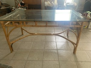 Vintage Boho Chinese Chippendale Bamboo 4 Dining Chairs & Glass Top Table