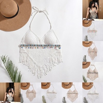 Sommerfertige Damen Strick Quaste ärmellose Crop Tops für Strand und Reisen