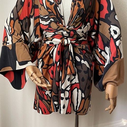 ISSA LONDON Red Brown Abstract Twist Wrap Front Kimono Sleeve Mini Dress Size 4 - Picture 3 of 19