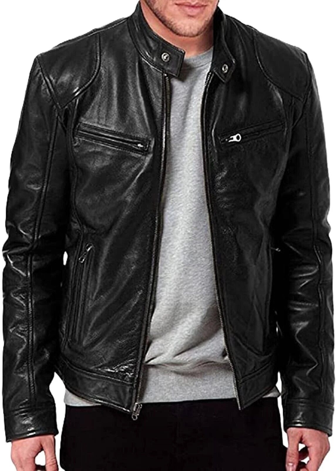 Men's Black Leather Jacket Biker Motorcycle Genuine Mens Real Men Lamb Vintage