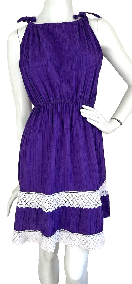 Vestido Artesanal Años 70 Talla Pequeña Boho En Niveles Sin Mangas Boho Hippie Púrpura Foto 2 de 4