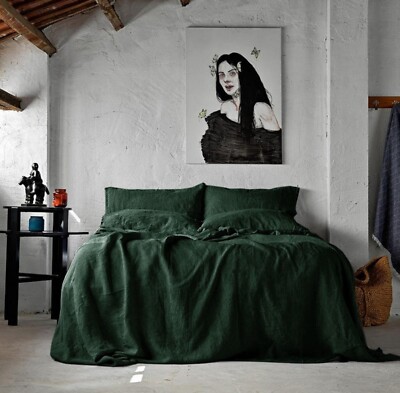 Linen Duvet Cover in Forest Green color, Stonewashed Linen Bedding  cover Set