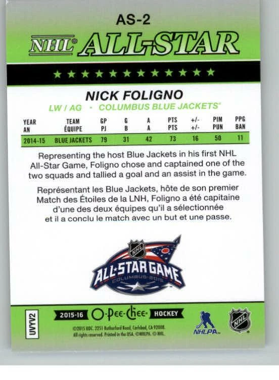 2015-16 O-Pee-Chee All-Star Glossy #AS2 Nick Foligno (ref 130907) - Image 2 of 2