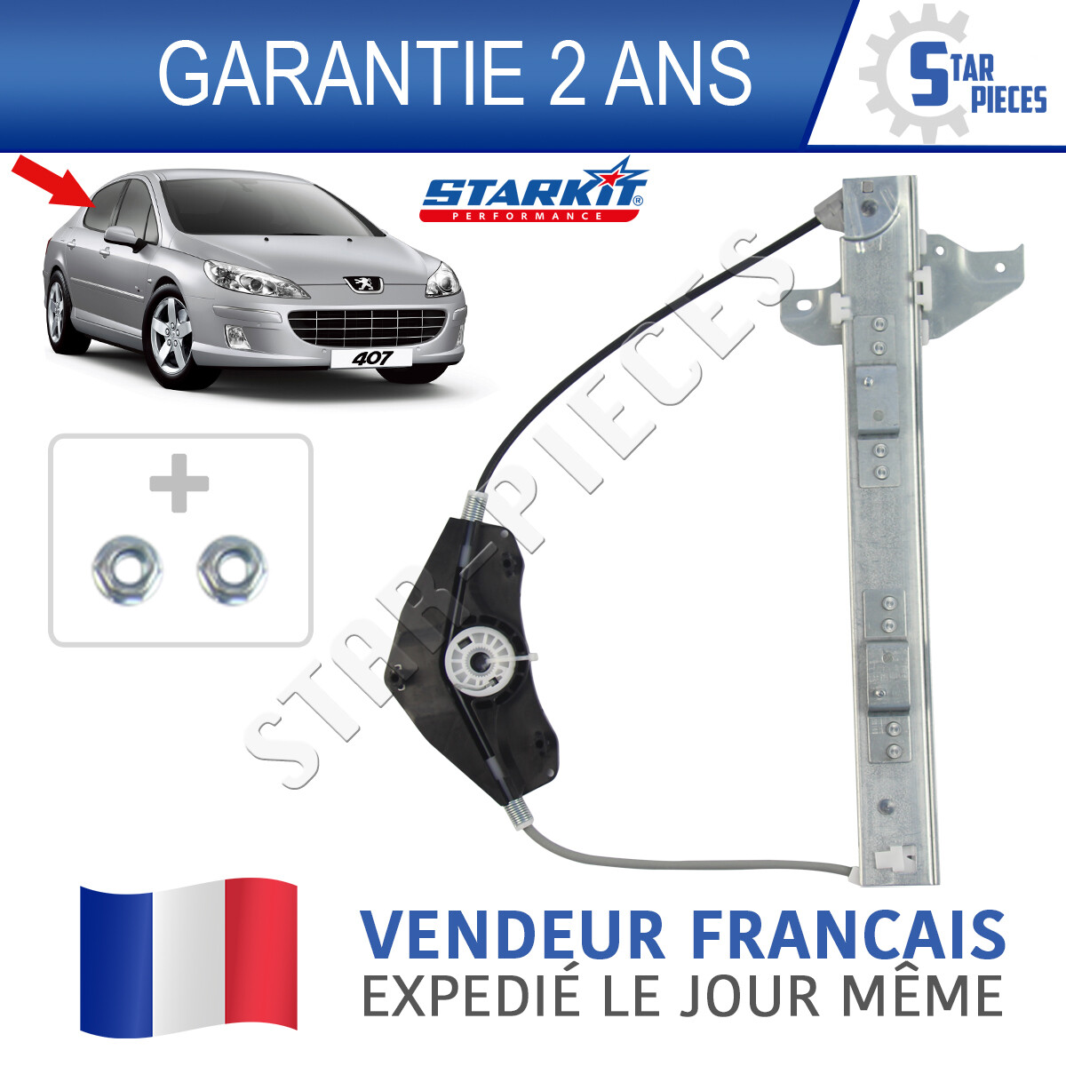 Lève-vitre arrière droit pour Peugeot 407 berline et break de 2004 à 2011