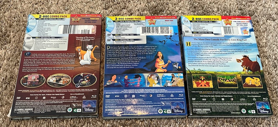 Disney Pocahontas Lion King Aristocats DVD +Blu-ray 3Disc Special Ed Slip Cover Foto 3 de 4
