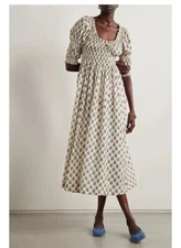 Doen Organic Cotton Short Sleeve Fitted Dress blue printed Midi Dress for Women