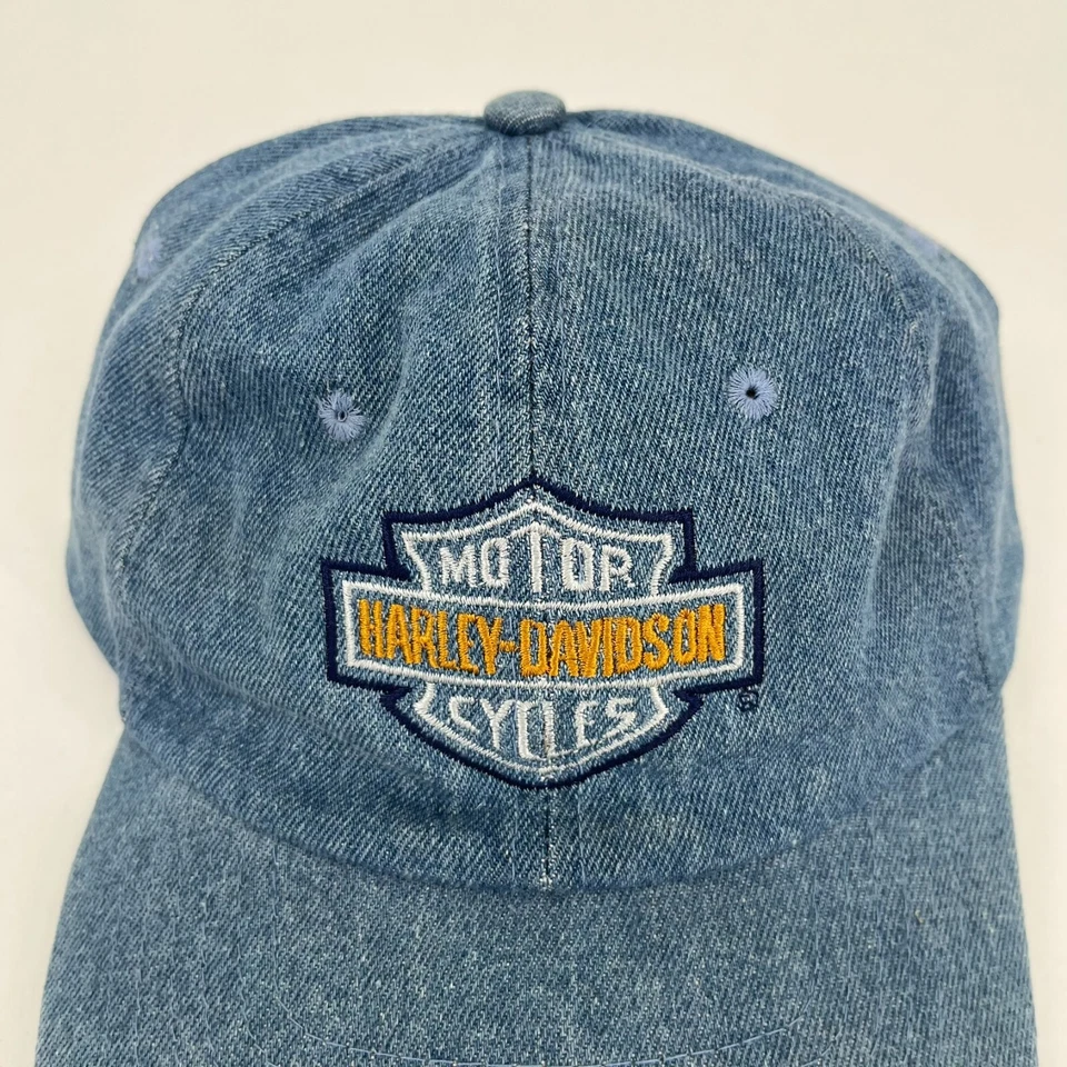 Harley-Davidson Denim Strapback Hat Adult One Size Blue Vtg 90s Biker - Image 3 of 4