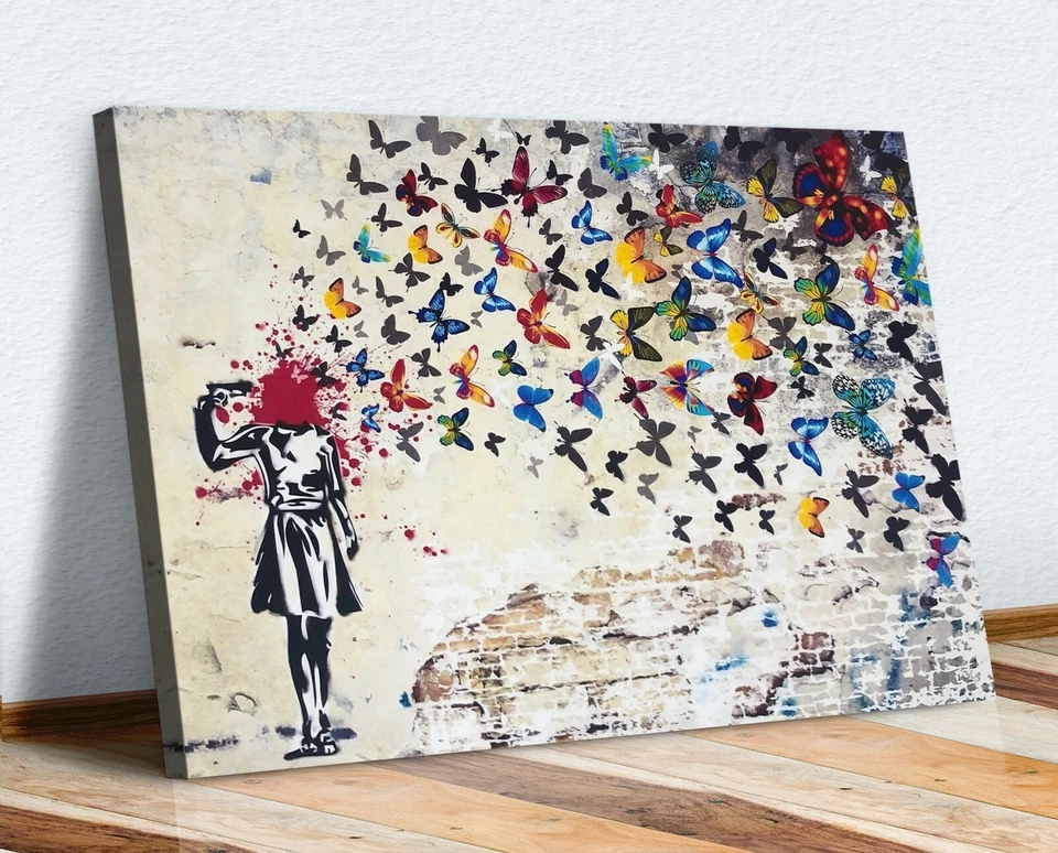CANVAS WALL ART PRINT BANKSY BUTTERFLY BRAINS GIRL GRAFFITI 30MM DEEP FRAMED