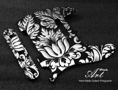 Telecaster Pickguard 3D Silver-Black Floral Textured Embossed SET HandMade