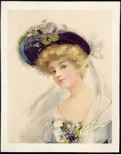 Beautiful EDWARDIAN WOMAN 1907 Original Print VIOLETS Blonde CHROMOLITHOGRAPH