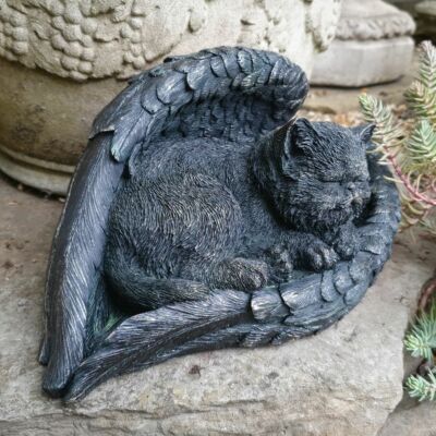 Bronzeoptik Oberfläche Denkmal Katze Ornament Figur Skulptur in Engelsflügeln