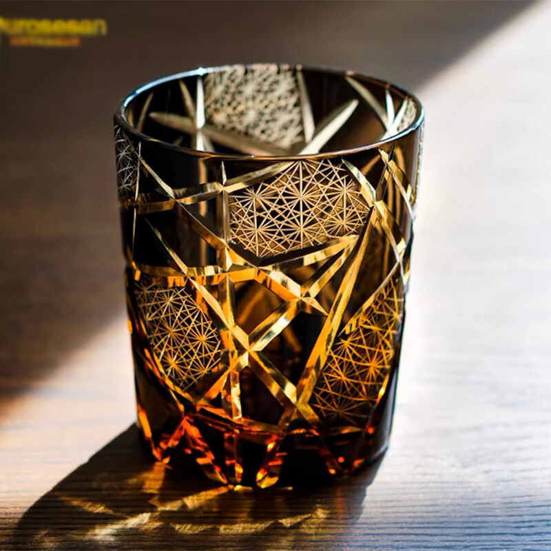 Edo kiriko whisky glass black amber old fashioned rock glass 9oz best for gift-image