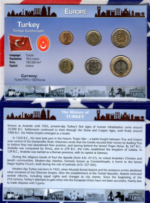 Littleton World Coin Set Turkey w/card 6 coin UNC Lira, 1,5,10,25,50 Kurus 2010