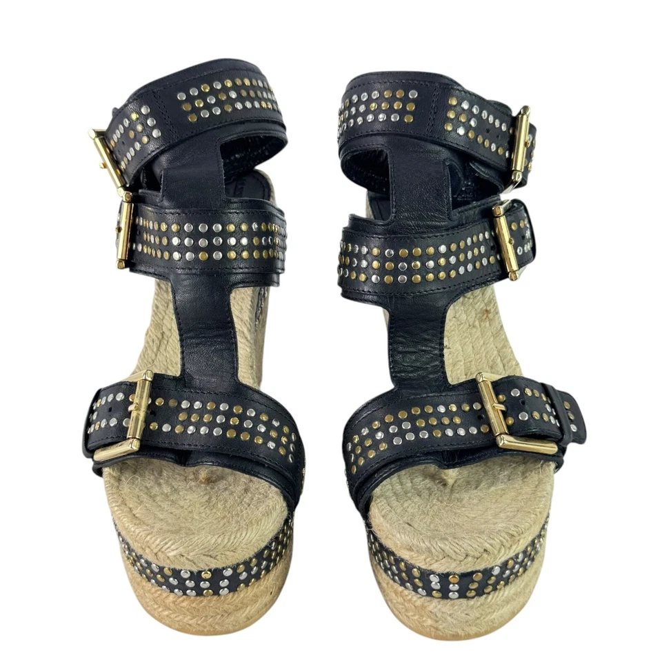 Alpargatas de cuña ALEXANDER MCQUEEN de cuero negro con tachuelas hechas en Italia 35-5 EE. UU. Foto 2 de 4