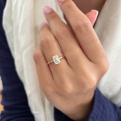 1 Carat Emerald Lab Grown Diamond Ring E/VS Clarity Minimal Ring Birthday Gifts