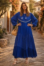 Polka Dot Tiered Maxi Dress with Balloon Sleeves In Blue One Size 10-16 BNWT