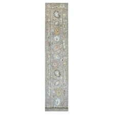 2'8"x17' Light Brown Hand Knotted Angora Oushak with Leaf Design Wool Runner Rug