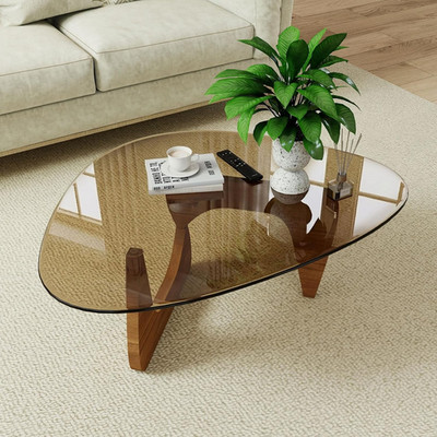 Unique Modern Coffee Table with Amber Glass Top - Irregular Accent Table