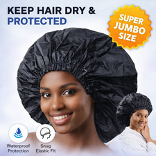 Super Jumbo Shower Cap Black Waterproof Reusable Hair Cover for Long Thick Style