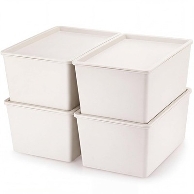 4 PCS Small Plastic Stackable Storage Bins Containers With Lids Shelves Beige
