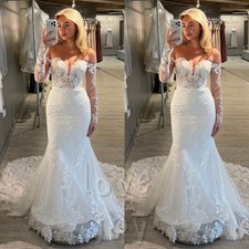 Mermaid Wedding Dresses V Neck Long Sleeves Appliques Sweep Train Bridal Gowns