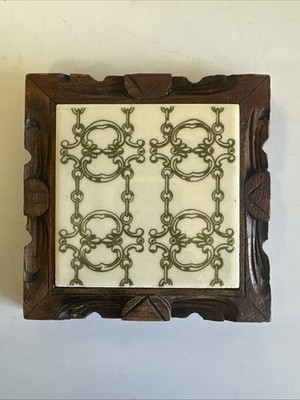 Vintage Orion Monterrey Mexico Ceramic Tile Trivet - Hand Carved Wood Frame 6x6