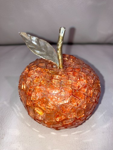 Mid-Century Modern Mosaic Glass Fruit Set of 8, Metal Leaves Clear Bowl MCM - Picture 6 of 14