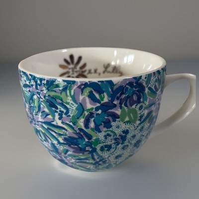 Lilly Pulitzer Coffee Mug Blue Purple Tiger Lily Floral Gold Handle Tea Cup EUC