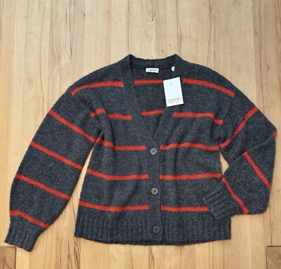 Neu Esprit Damen Flauschiger Wolle Mohair Strickjacke Gestreift Gr. M Grau Rot