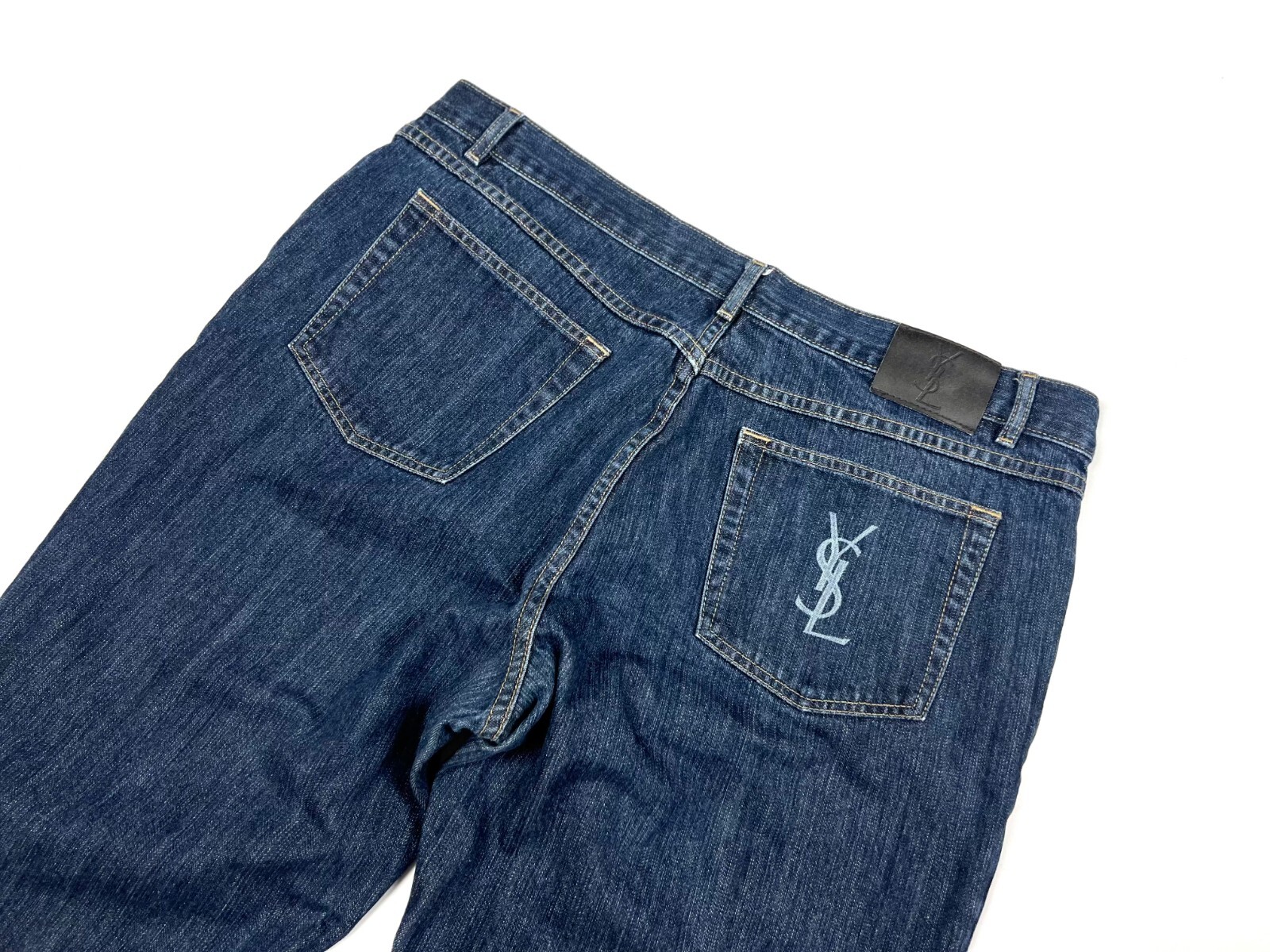 Jeans denim blu vintage uomo Yves Saint Laurent YSL logo posteriore taglia W40 L33