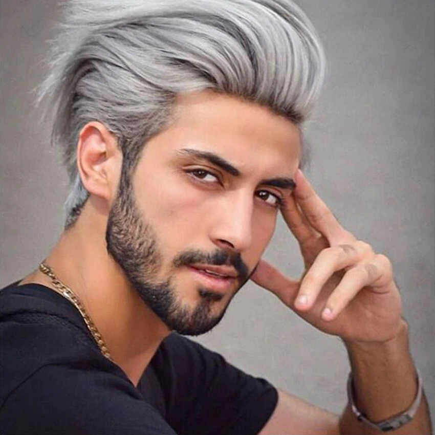 Mens Full Wig Hair Silver Gray Short Cut Heat Resistant Wig for Man Use