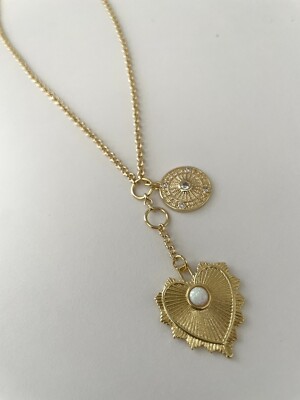 Multi Charm  Rolo Chain Necklace Radial Heart Medallion Compass Charm Lariat