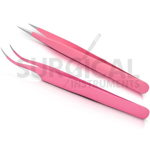 2 Pcs Eyelash Extension Tweezers Straight & Curved Stainless Set (pink) German G image 10