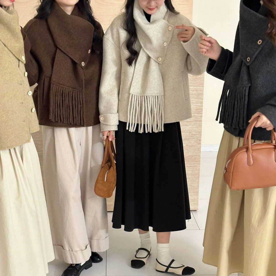 Womens Winter New Tassel Scarf V-neck Double-sided Cashmere Coat Loose Wool Coat - Image 2 of 4