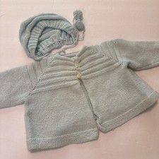 Vintage 1967 Knit Handmade Baby Sweater And Bonnet- Blue