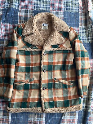 #ad Vintage USA Made Fingerhut Fashions Sherpa Lined Flannel Jacket Coat Mens Sz 42 $118.05
