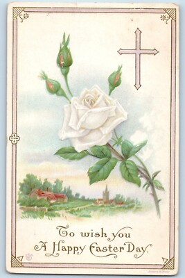 Easter Postcard Holy Cross White Roses Flower Embossed Bradford Pennsylvania PA