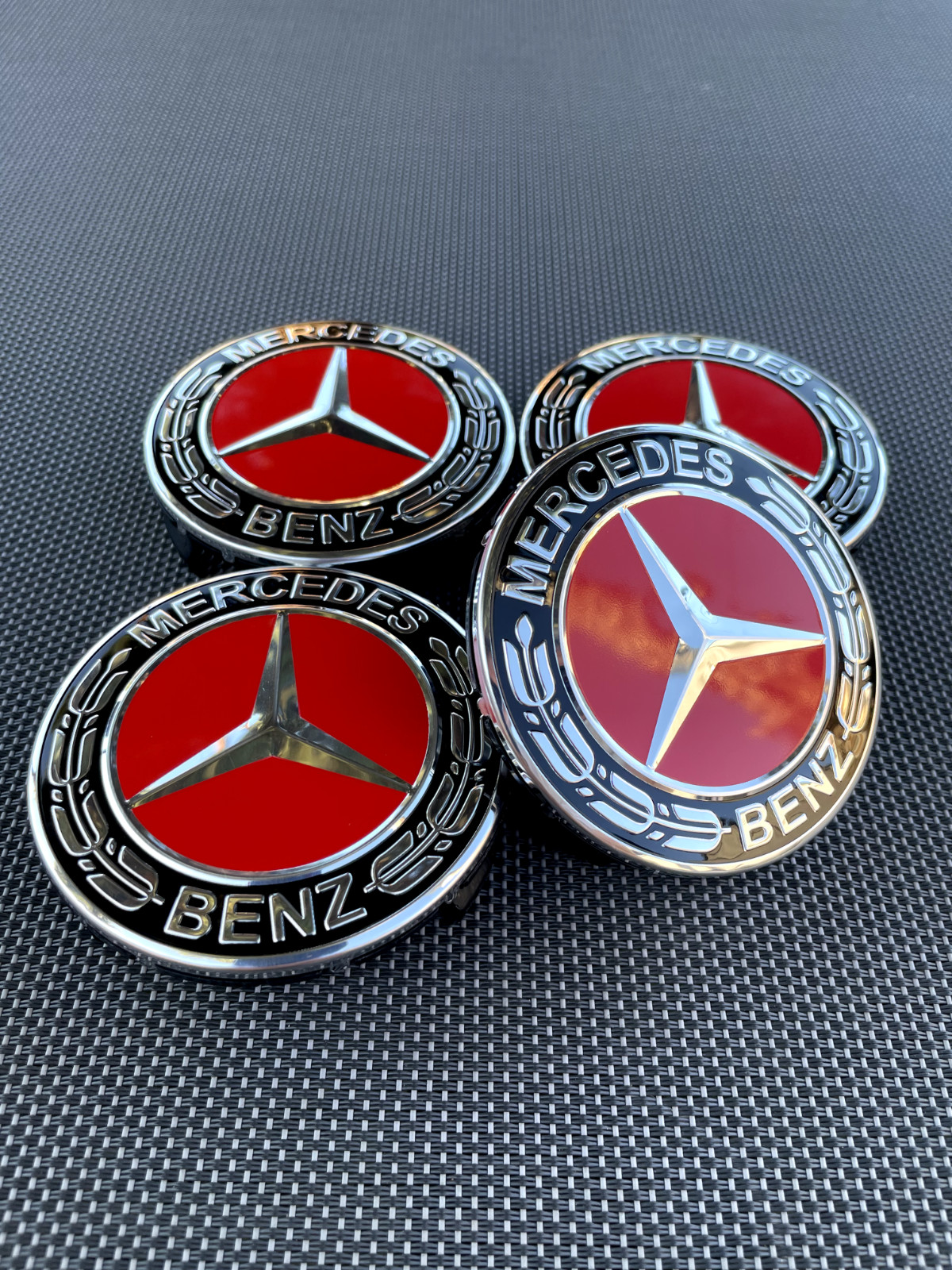 MERCEDES BENZ SET OF 4 BLACK-RED 75 mm/2.95in Wheel Center Caps Fits Most Models