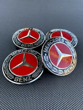 MERCEDES BENZ SET OF 4 BLACK-RED 75 mm/2.95in Wheel Center Caps Fits Most Models