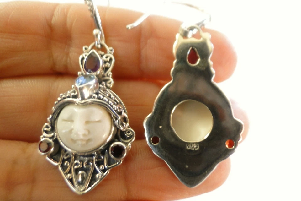 Balinese Goddess Close Eyes Amethyst Blue Topaz Garnet Sterling Silver Earrings - Image 3 of 4