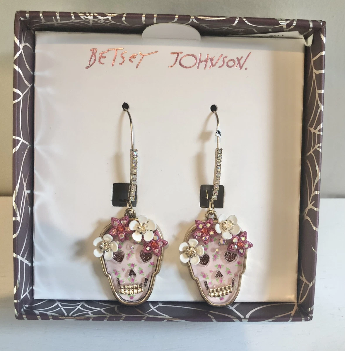 NIB Betsey Johnson Pink Flower Sugar Skull Skeleton Halloween Fashion Earrings