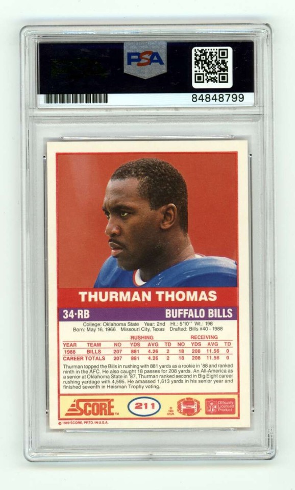 Thurman Thomas 1989 Score Football 211 RC w/ HOF Wagon Insc Signed PSA