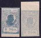 Mexico - 1885 Morelos Revenue Stamps, 94c light + dark blue colors, Unused